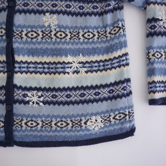 Vintage Talbots Blue White Knit Winter Snowflake Button Up Cardigan Sweater XL - Picture 6 of 10